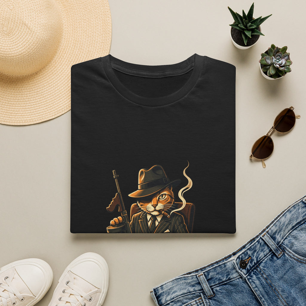 Boss Cat Illustration T-Shirt | Mobster Cat Smoking Tommy Gun