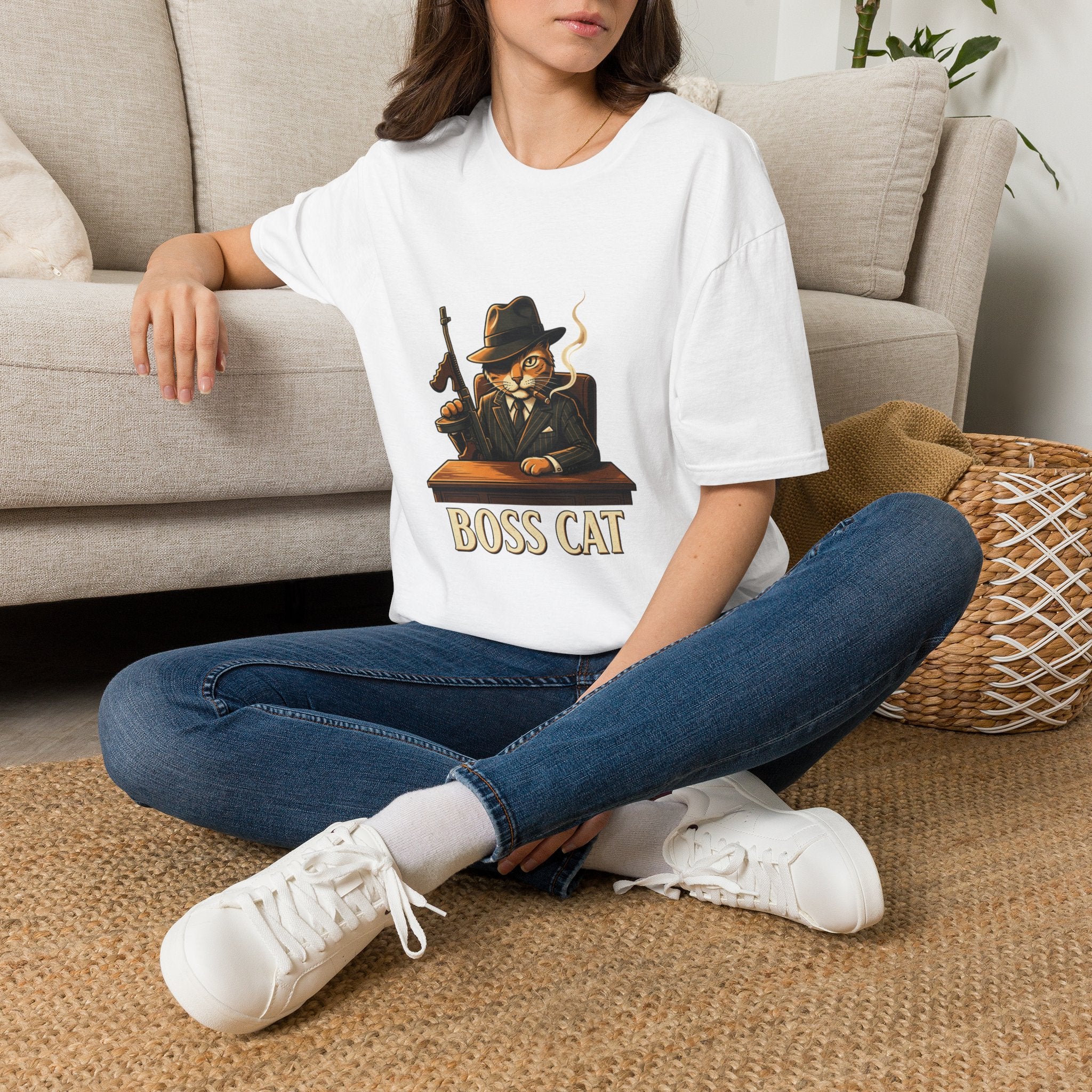 Boss Cat Illustration T-Shirt | Mobster Cat Smoking Tommy Gun