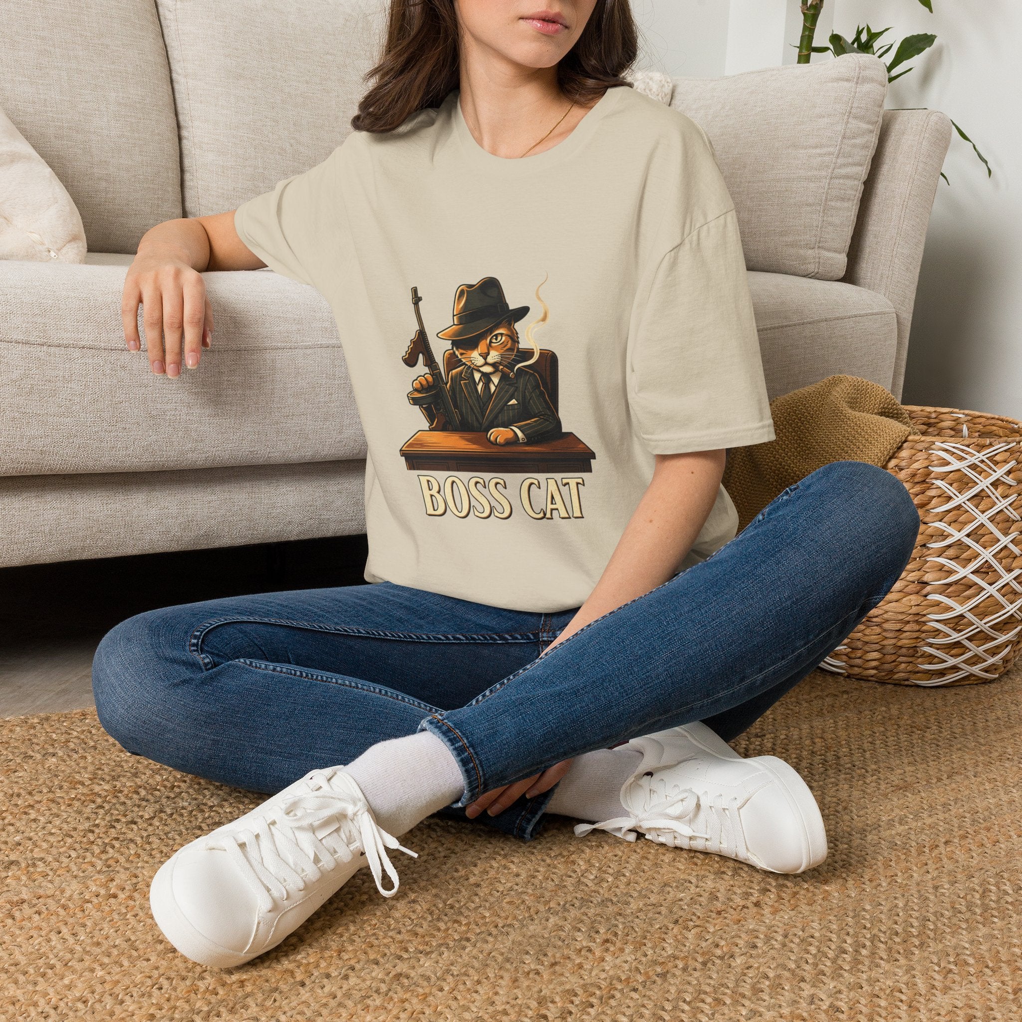 Boss Cat Illustration T-Shirt | Mobster Cat Smoking Tommy Gun