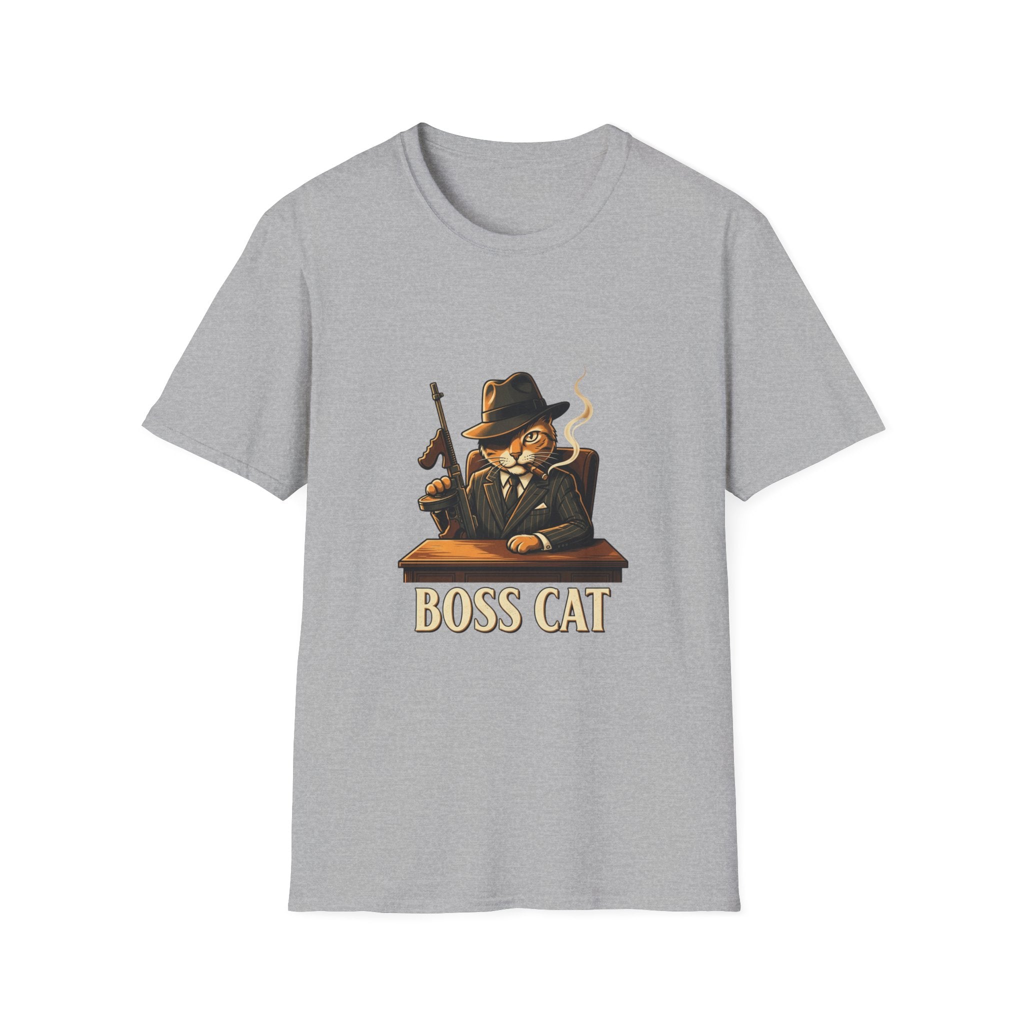 Boss Cat Illustration T-Shirt | Mobster Cat Smoking Tommy Gun