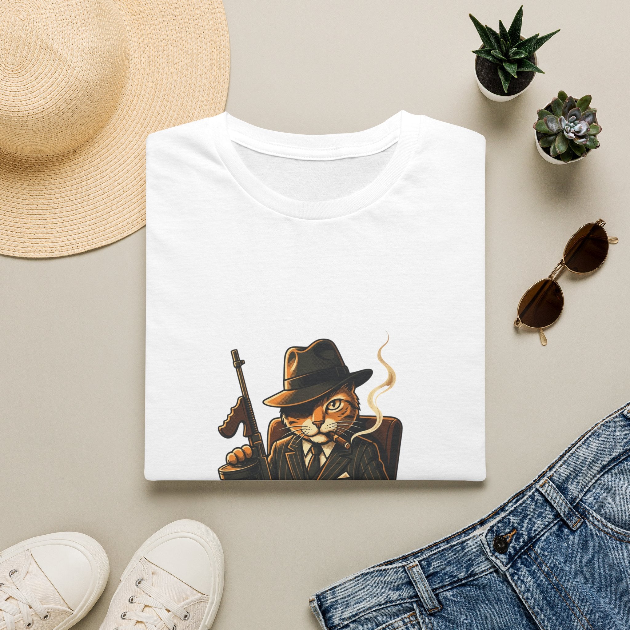 Boss Cat Illustration T-Shirt | Mobster Cat Smoking Tommy Gun