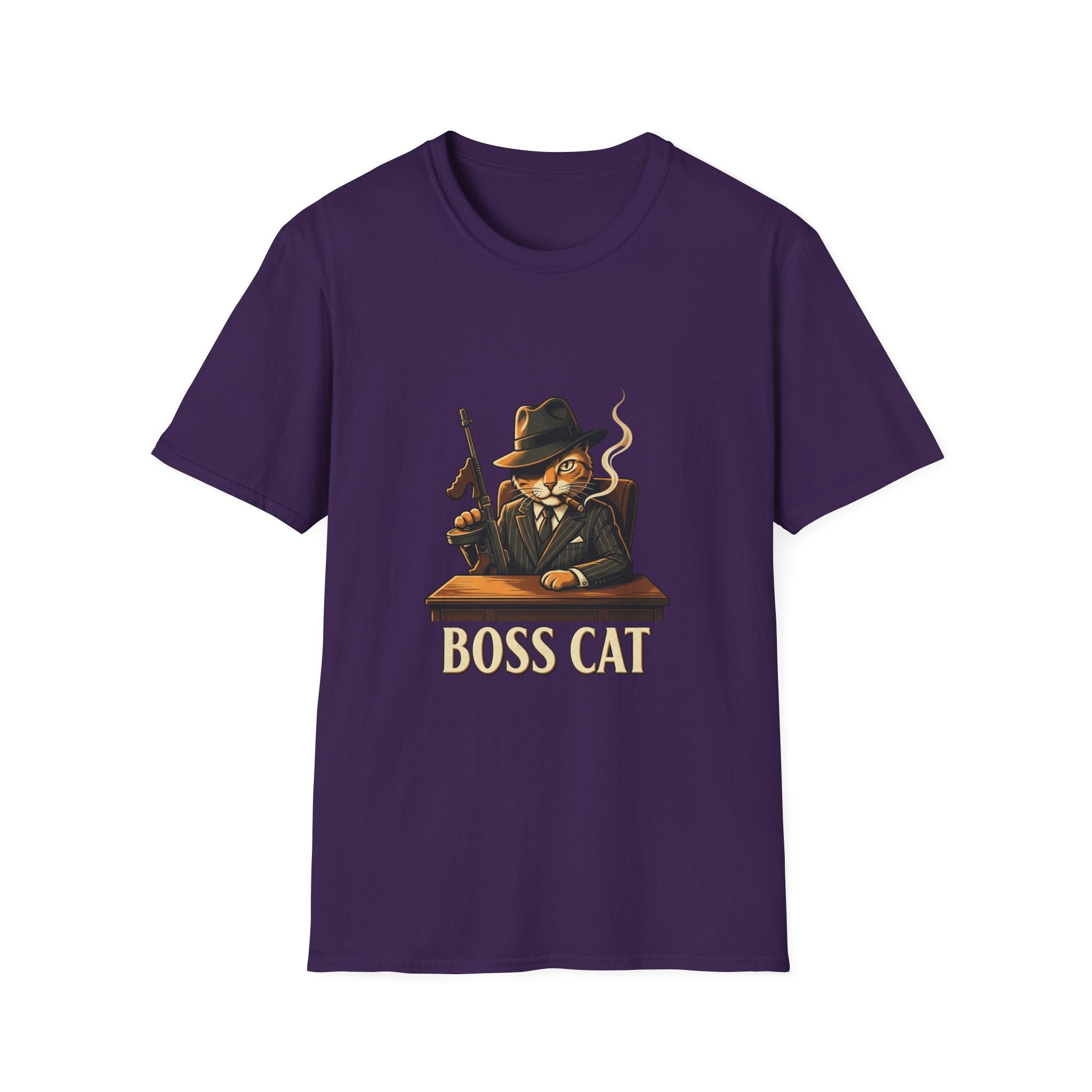 Boss Cat Illustration T-Shirt | Mobster Cat Smoking Tommy Gun