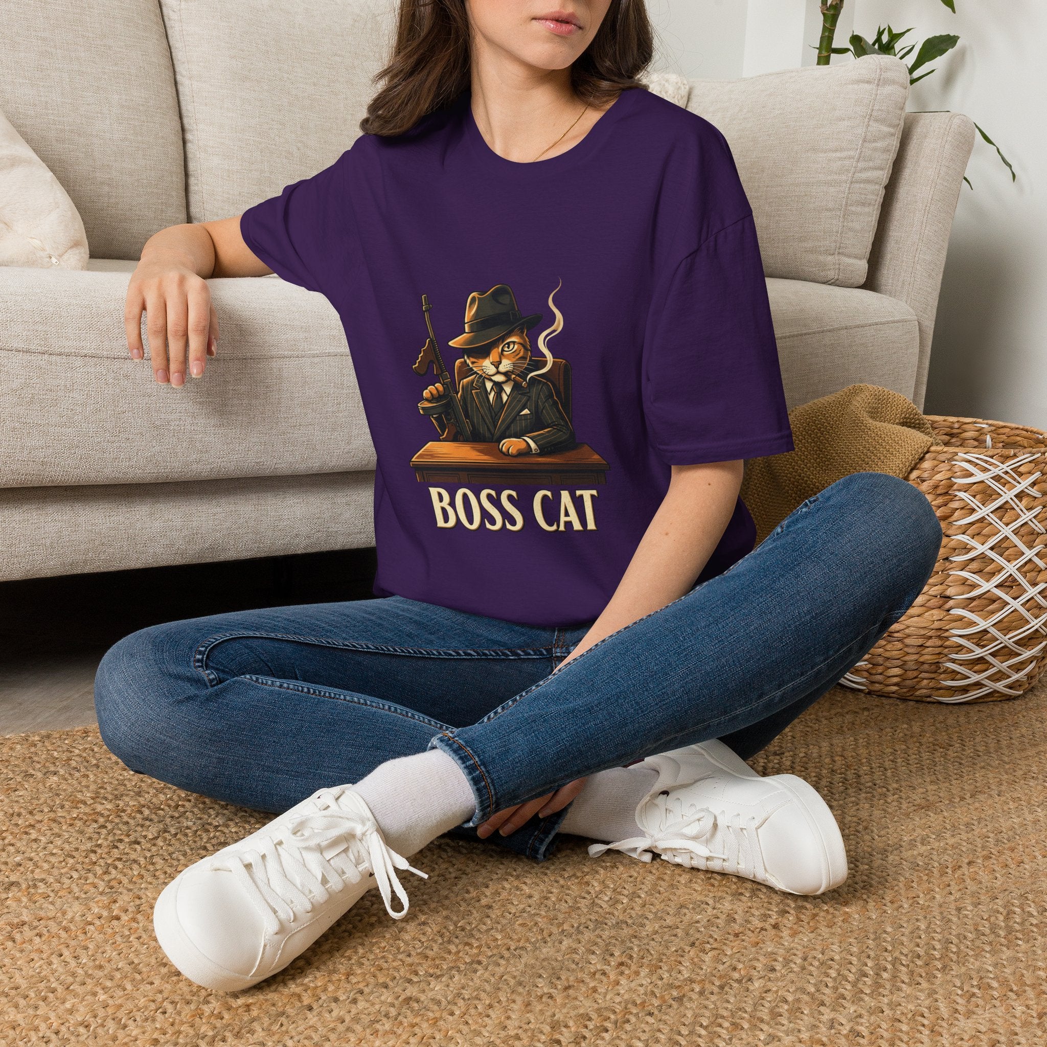 Boss Cat Illustration T-Shirt | Mobster Cat Smoking Tommy Gun