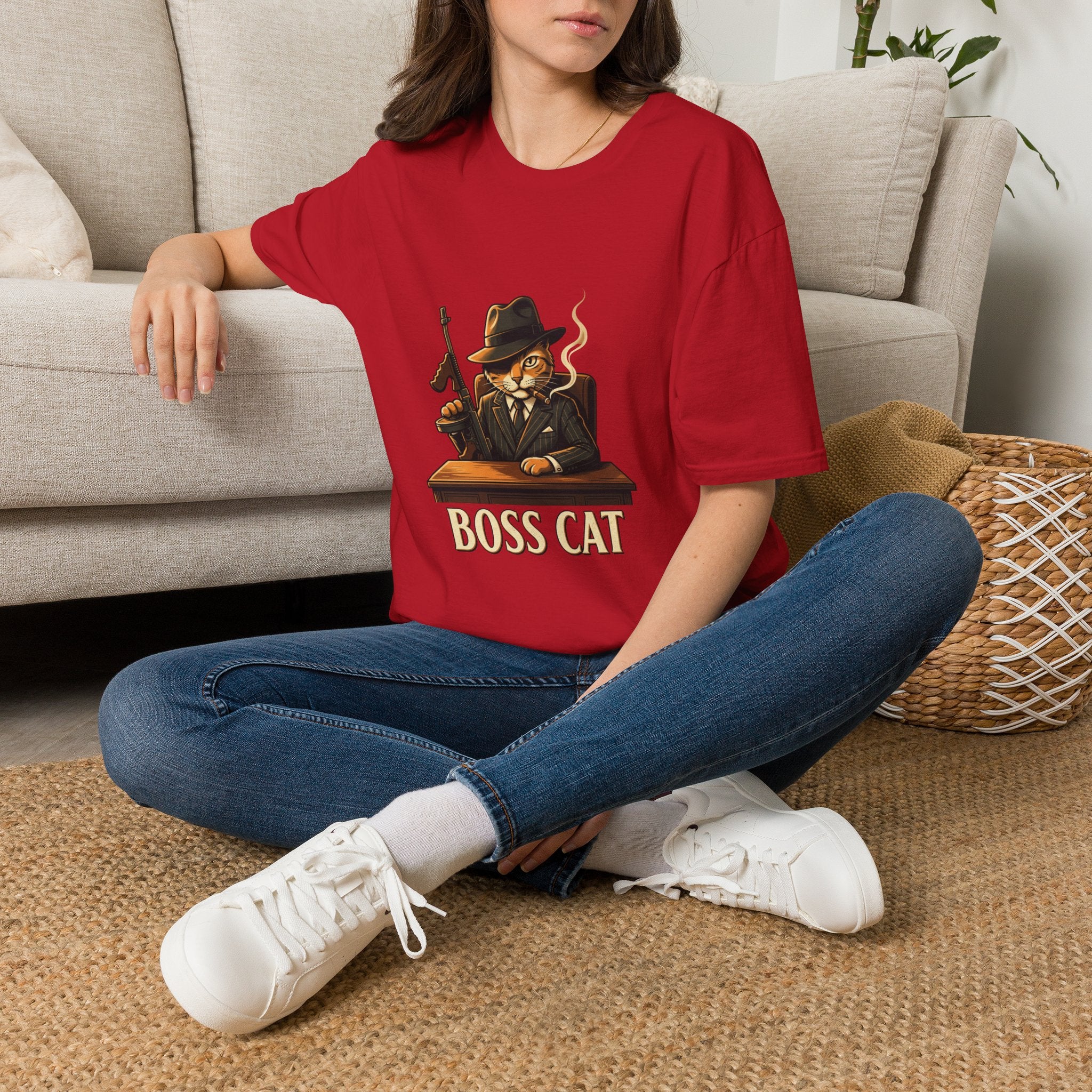 Boss Cat Illustration T-Shirt | Mobster Cat Smoking Tommy Gun