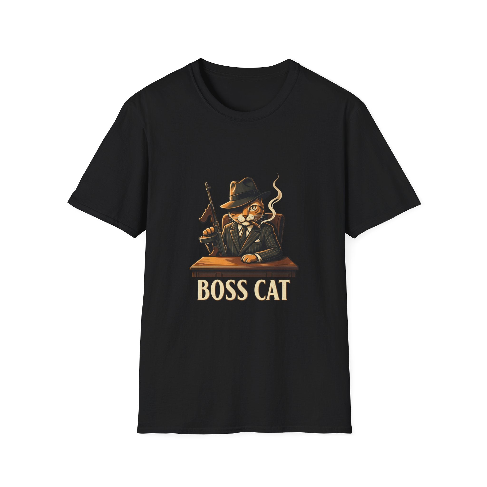 Boss Cat Illustration T-Shirt | Mobster Cat Smoking Tommy Gun