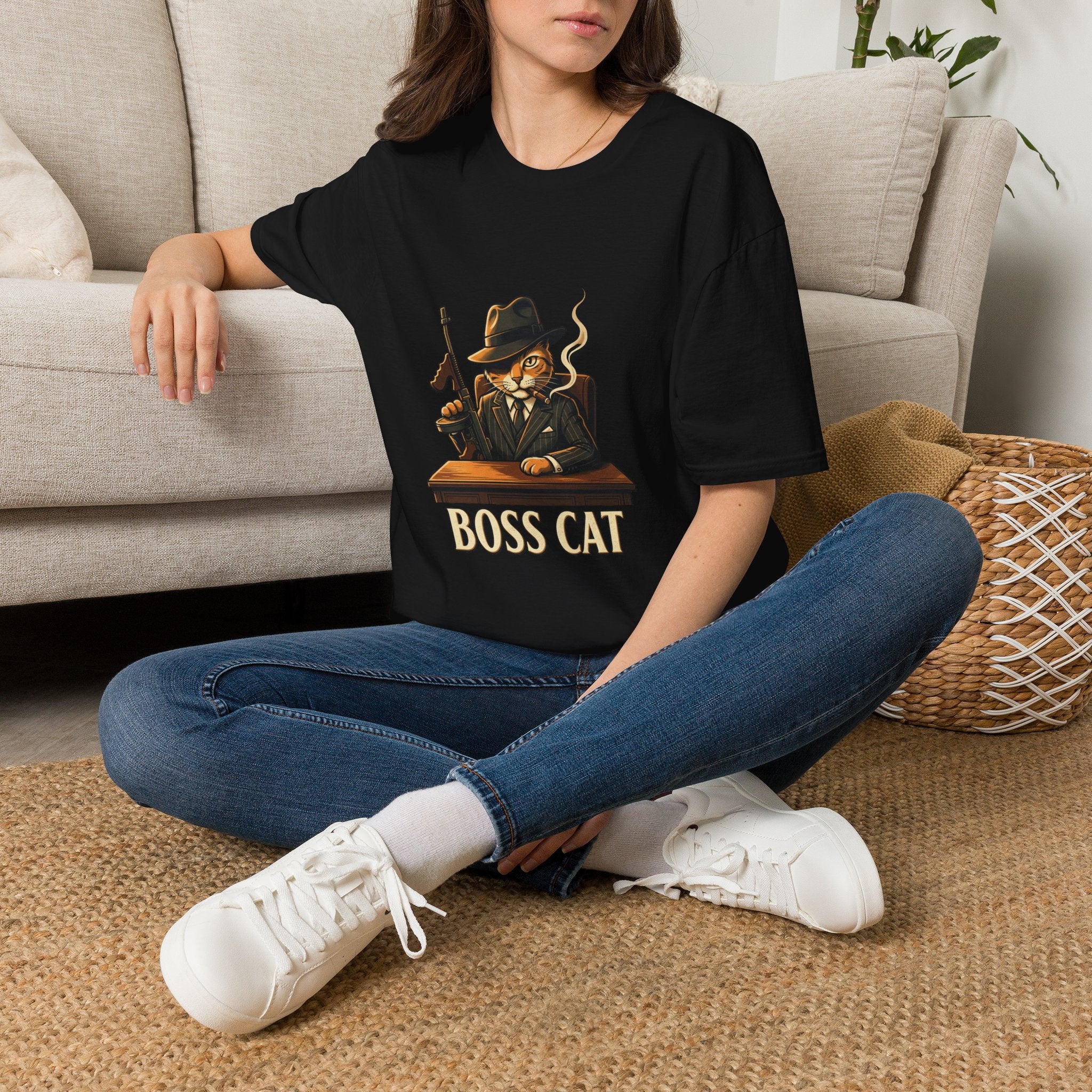 Boss Cat Illustration T-Shirt | Mobster Cat Smoking Tommy Gun