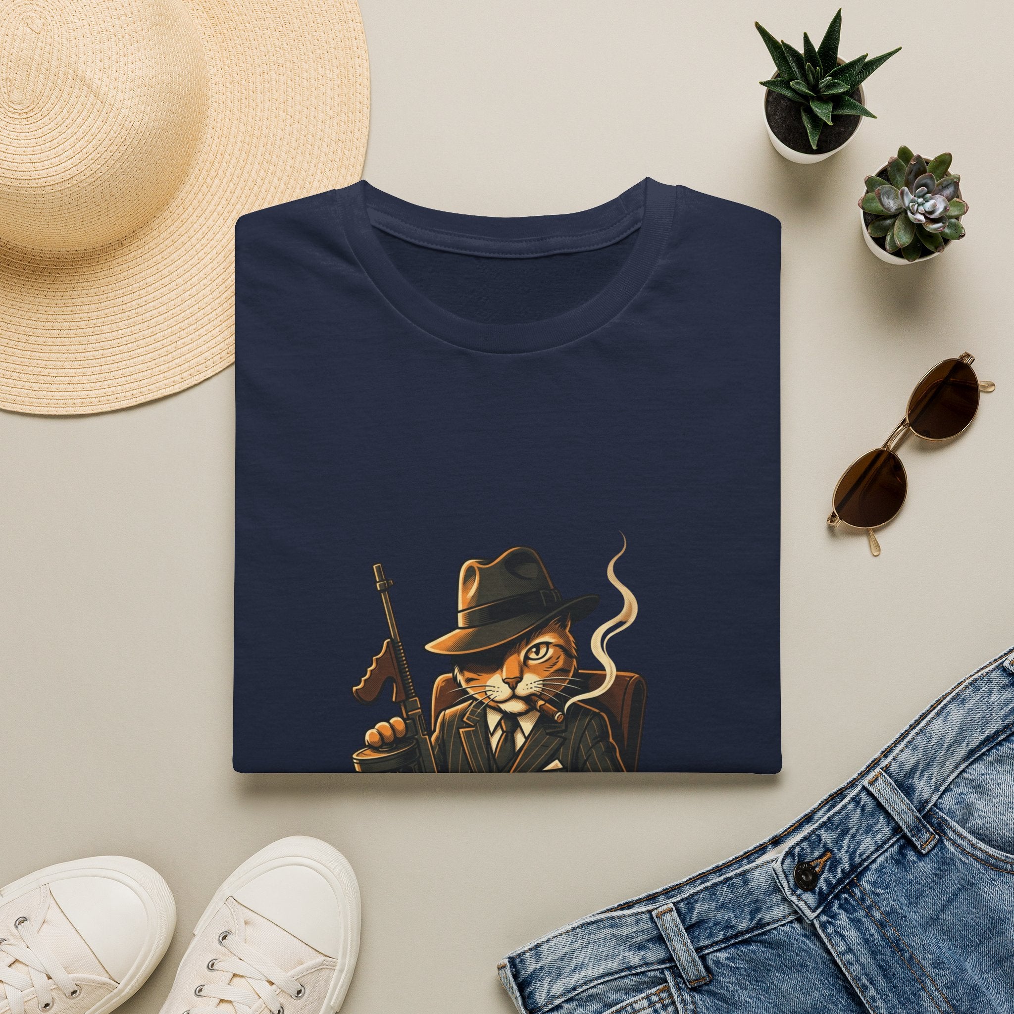 Boss Cat Illustration T-Shirt | Mobster Cat Smoking Tommy Gun