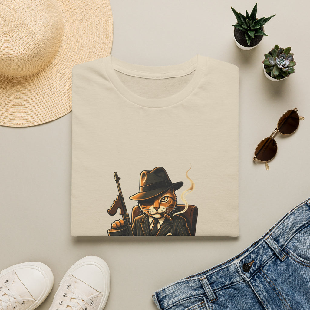 Boss Cat Illustration T-Shirt | Mobster Cat Smoking Tommy Gun