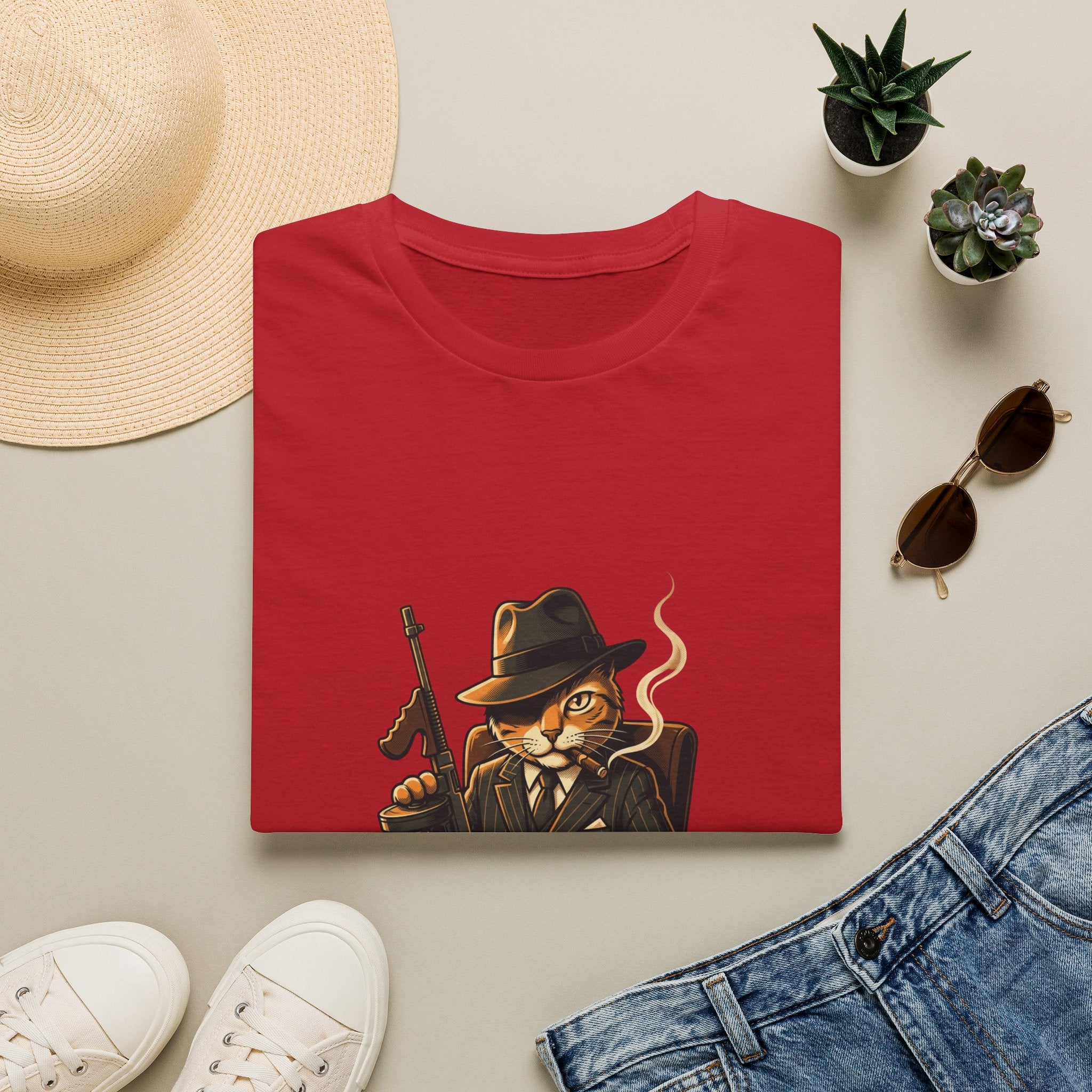 Boss Cat Illustration T-Shirt | Mobster Cat Smoking Tommy Gun