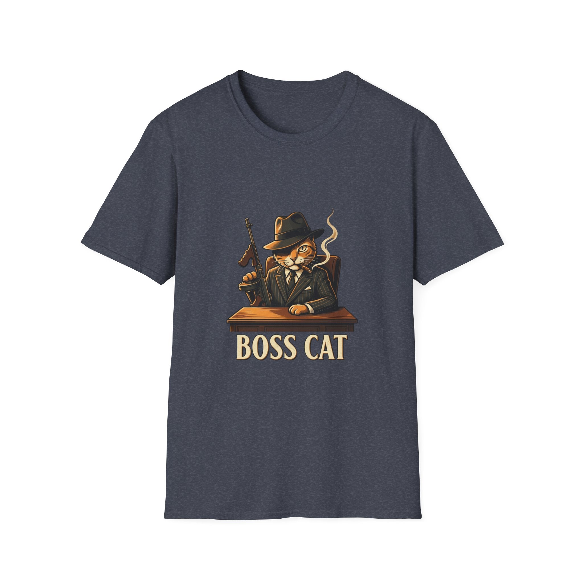 Boss Cat Illustration T-Shirt | Mobster Cat Smoking Tommy Gun